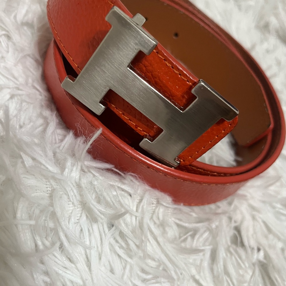 Orange Leather Belt with Silver Buckle